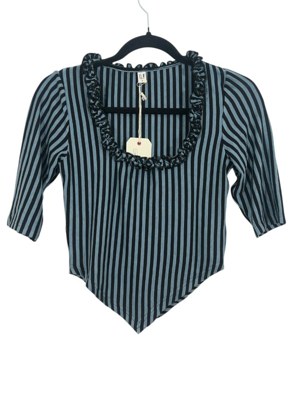 Fashion Brand Company Ruffled Scoop Neck Crop V Top Stripe Blue New $128